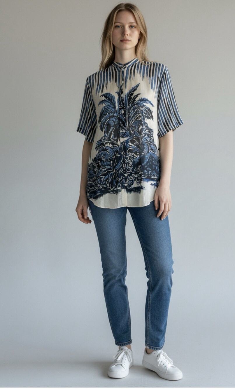 Christian Dior Blue Toile Ensemble Striped Button Front Tunic Shirt High Low Hem